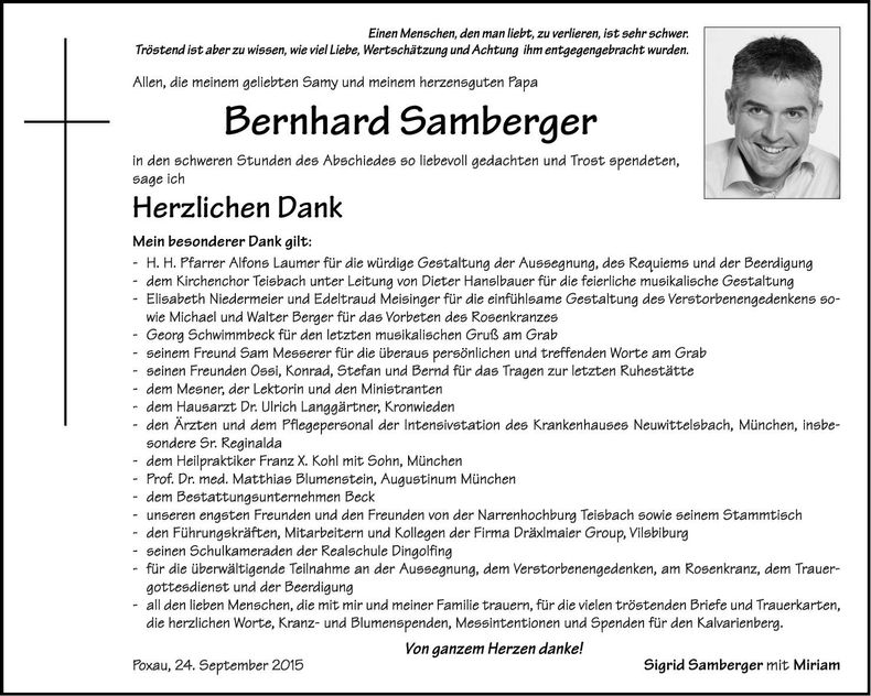 Traueranzeige Bernhard Samberger