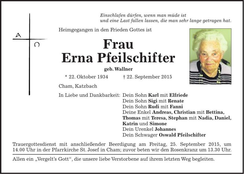 Traueranzeige Erna Pfeilschifter