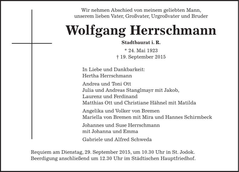 Traueranzeige Wolfgang Herrschmann