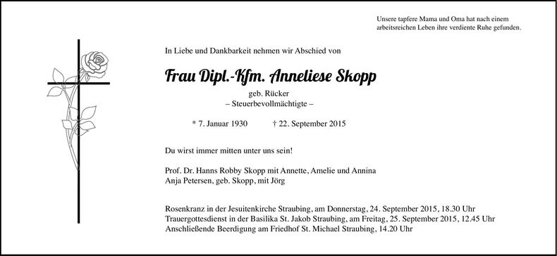 Traueranzeige Anneliese Skopp
