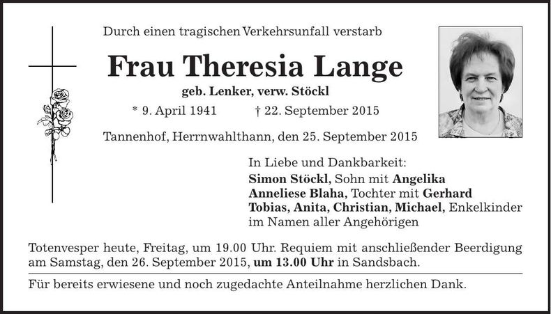Traueranzeige Theresia Lange