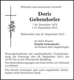 Traueranzeige Doris Gebendorfer