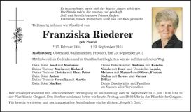 Traueranzeige Franziska Riederer