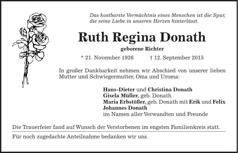 Traueranzeige Ruth Regina Donath