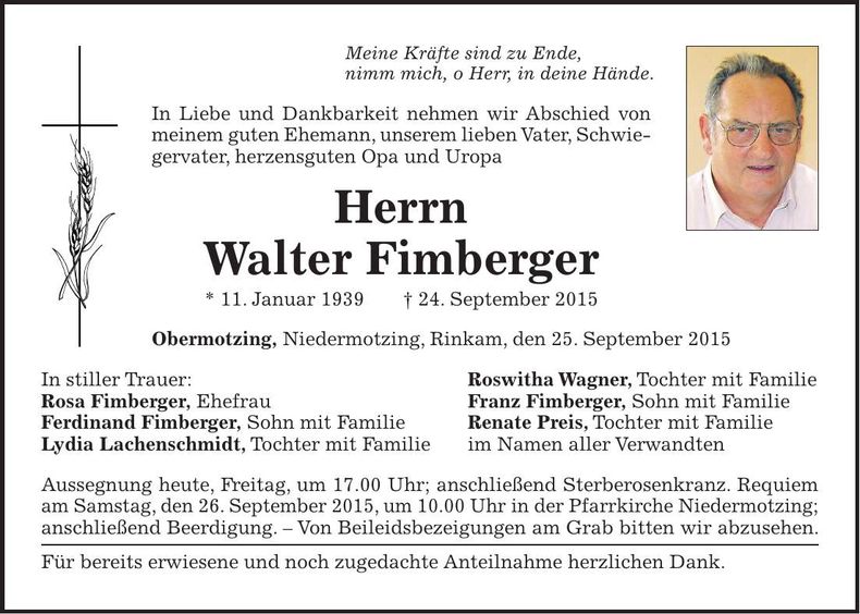 Traueranzeige Walter Fimberger