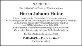 Traueranzeige Johann Hofer