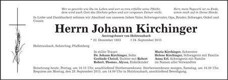 Traueranzeige Johann Kirchinger