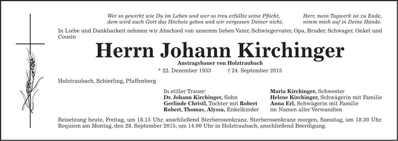Traueranzeige Johann Kirchinger