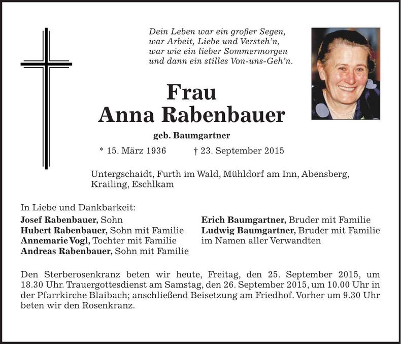 Traueranzeige Anna Rabenbauer