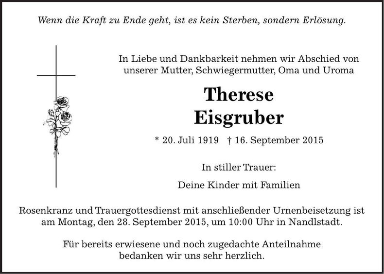 Traueranzeige Therese Eisgruber