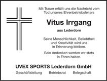 Traueranzeige Vitus Irrgang