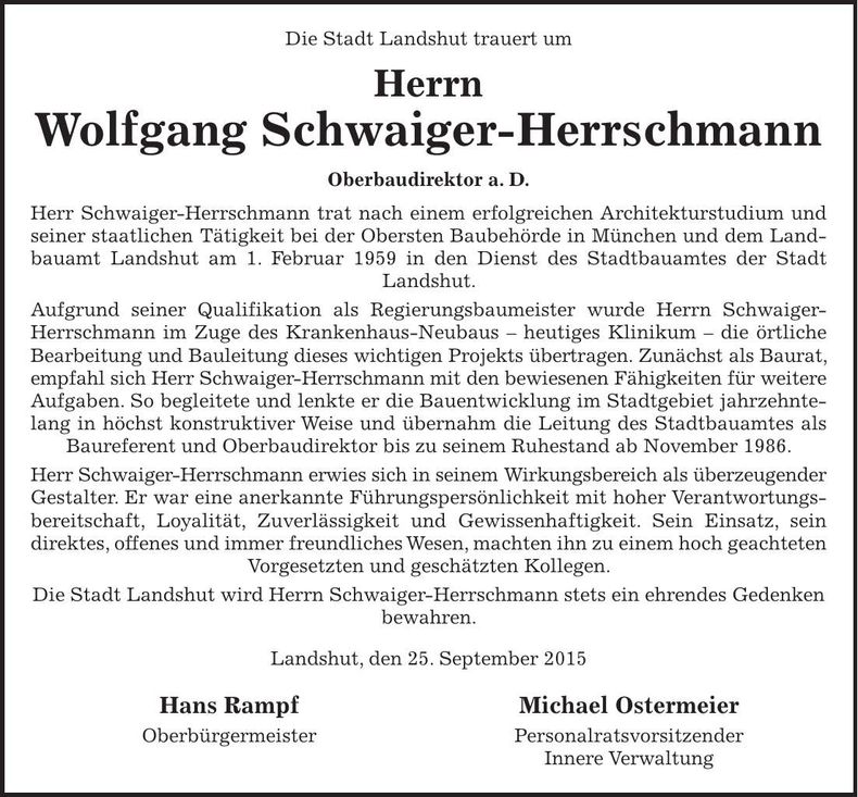 Traueranzeige Wolfgang Schwaiger-Herrschmann