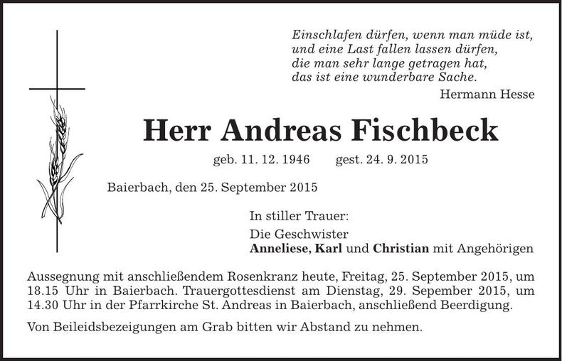 Traueranzeige Andreas Fischbeck