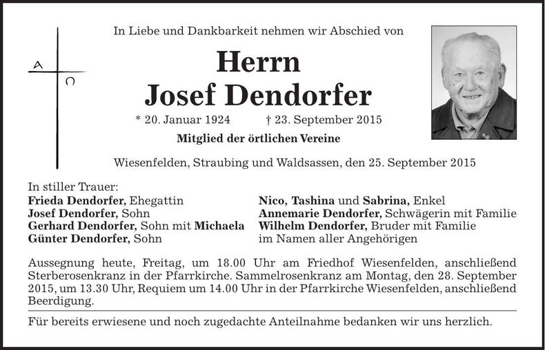 Traueranzeige Josef Dendorfer