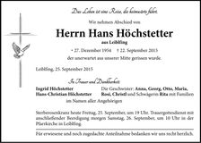 Traueranzeige Hans Höchstetter