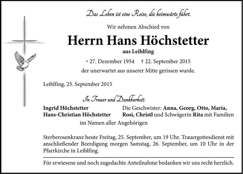 Traueranzeige Hans Höchstetter