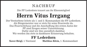 Traueranzeige Irrgang Vitus