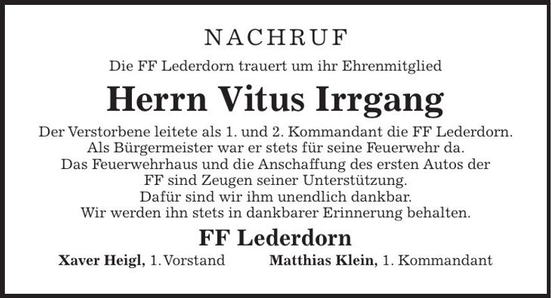Traueranzeige Irrgang Vitus