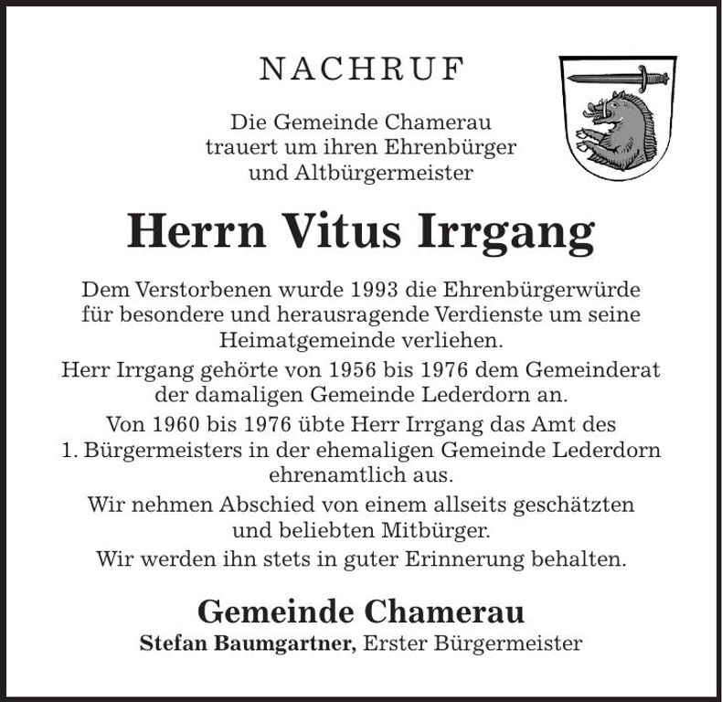 Traueranzeige Vitus Irrgang