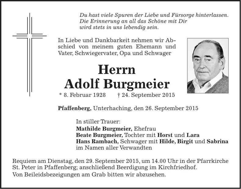 Traueranzeige Adolf Burgmeier