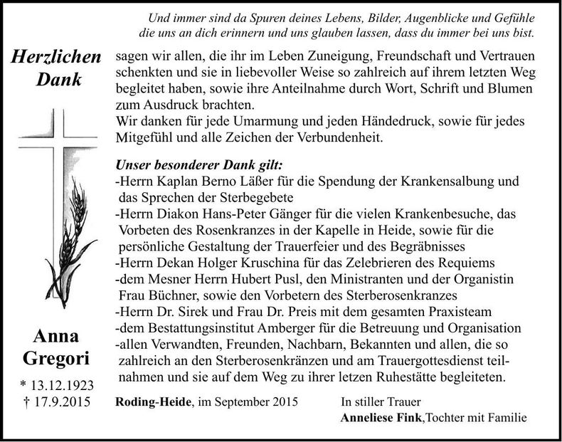Traueranzeige Anna Gregori