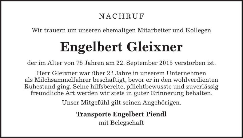 Traueranzeige Engelbert Gleixner