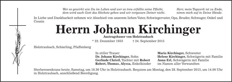 Traueranzeige Johann Kirchinger