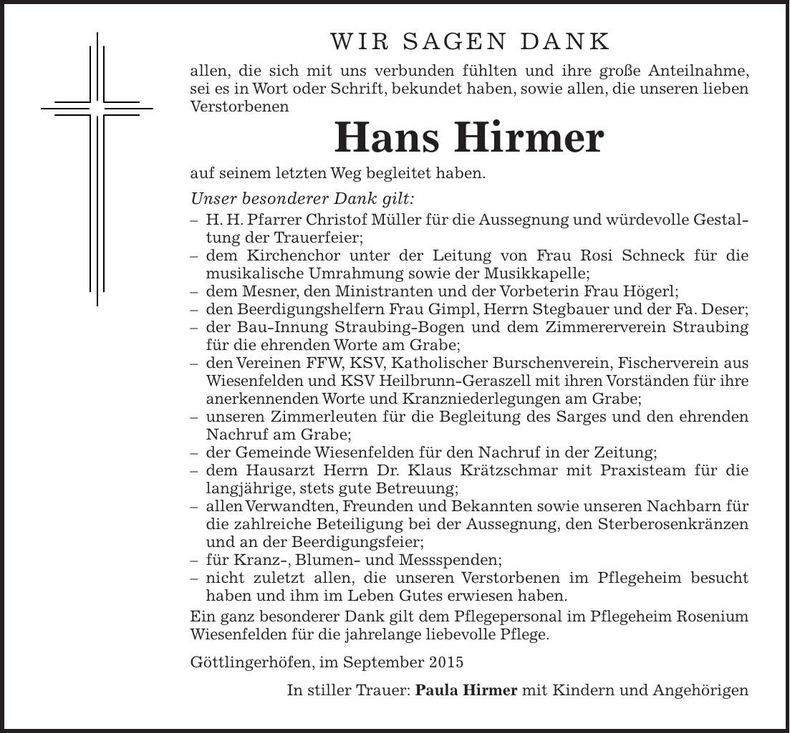 Traueranzeige Hans Hirmer