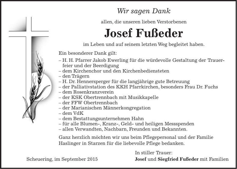 Traueranzeige Josef Fußeder