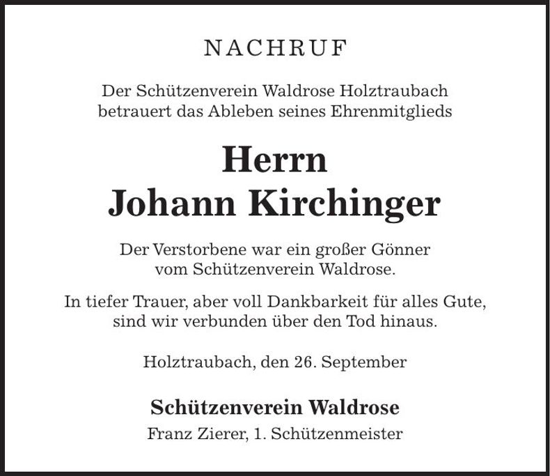 Traueranzeige Johann Kirchinger