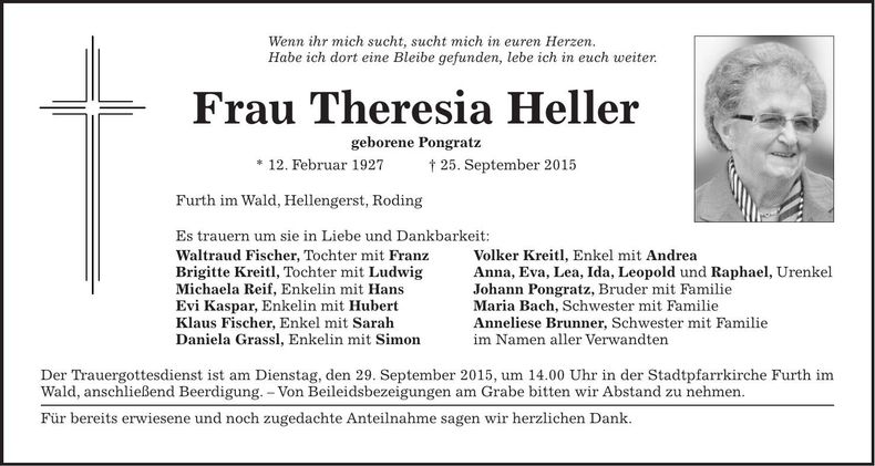 Traueranzeige Theresia Heller