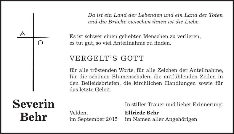 Traueranzeige Severin Behr