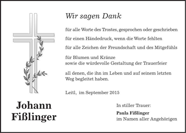 Traueranzeige Johann Fißlinger