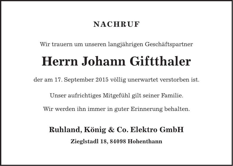 Traueranzeige Johann Giftthaler