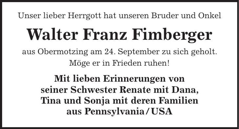 Traueranzeige Walter Franz Fimberger