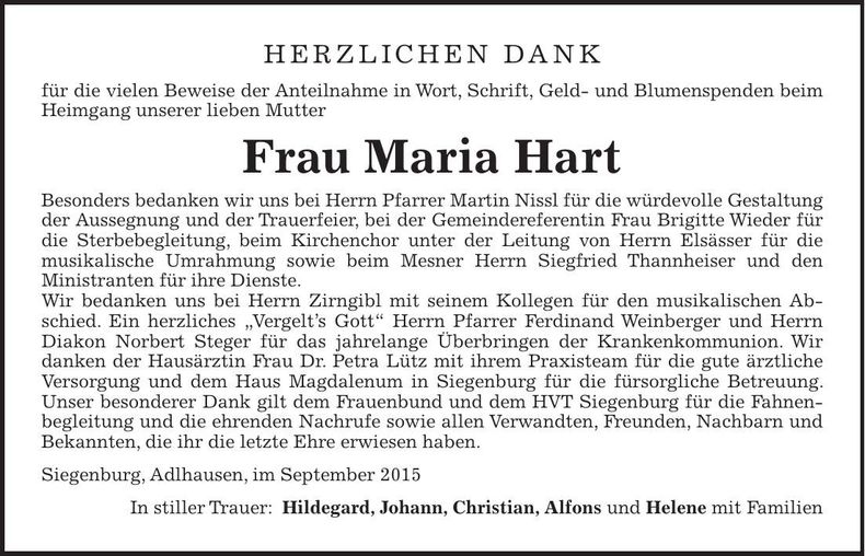 Traueranzeige Maria Hart