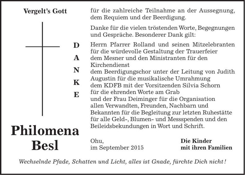 Traueranzeige Philomena Besl