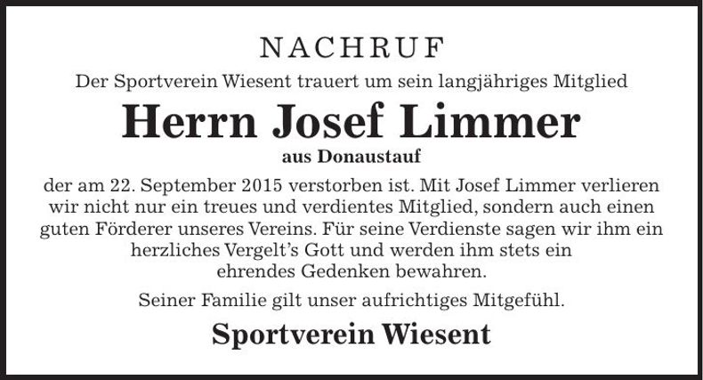 Traueranzeige Josef Limmer