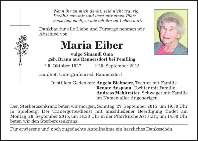 Traueranzeige Maria Eiber