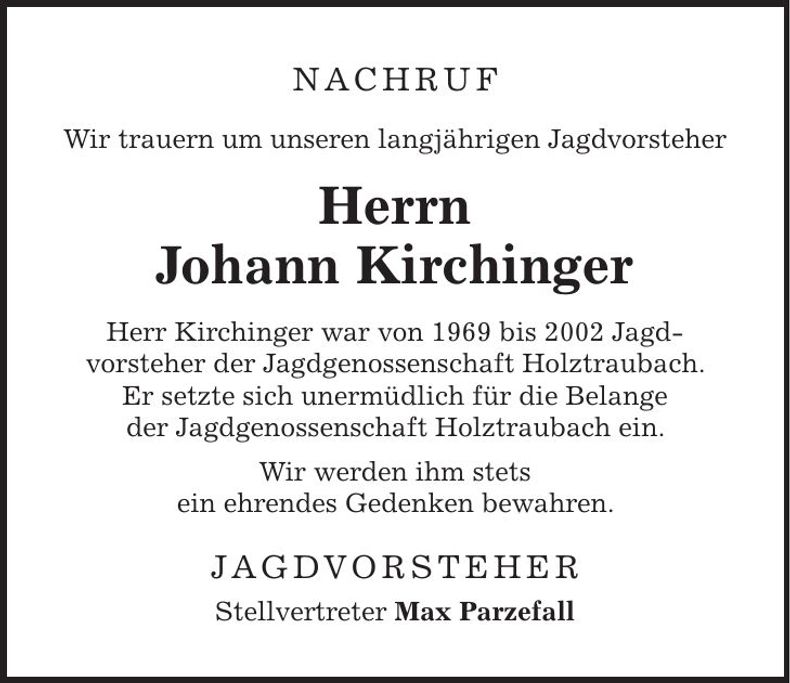 Traueranzeige Johann Kirchinger