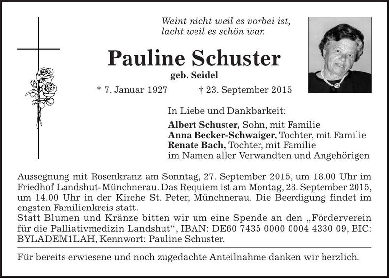 Traueranzeige Pauline Schuster
