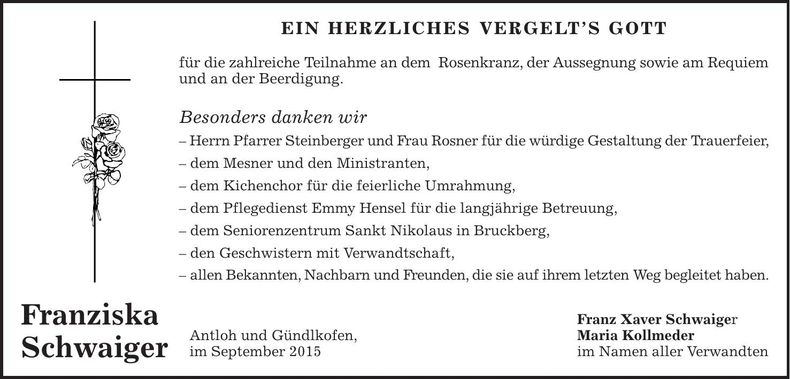 Traueranzeige Franziska Schwaiger
