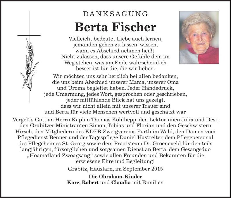 Traueranzeige Berta Fischer