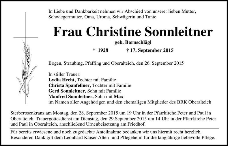 Traueranzeige Christine Sonnleitner