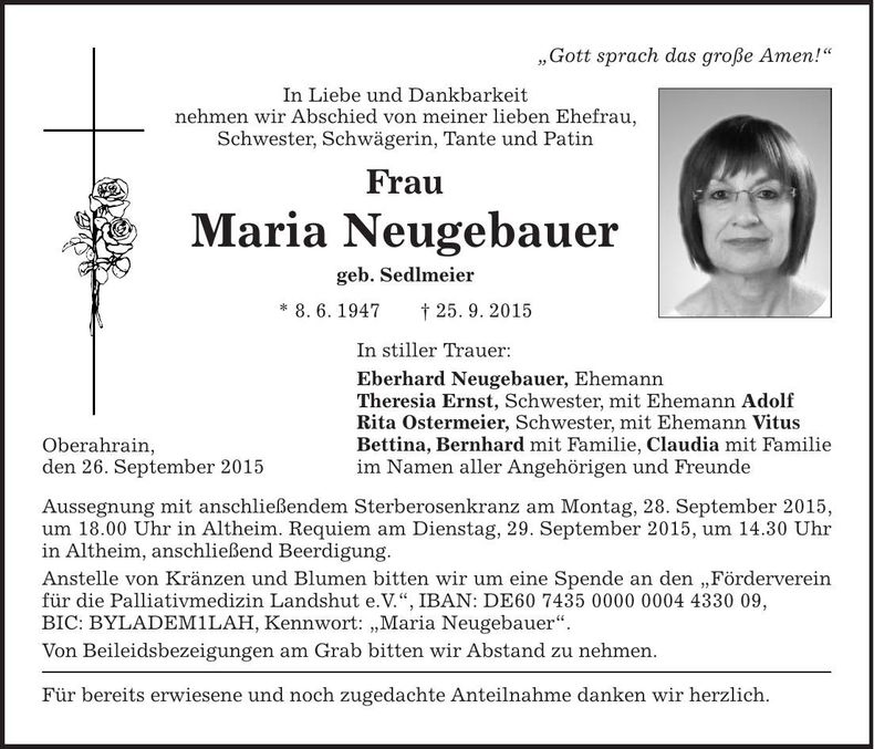 Traueranzeige Maria Neugebauer