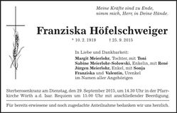Traueranzeige Franziska Höfelschweiger