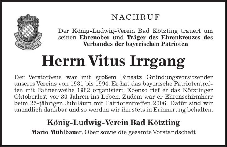 Traueranzeige Vitus Irrgang