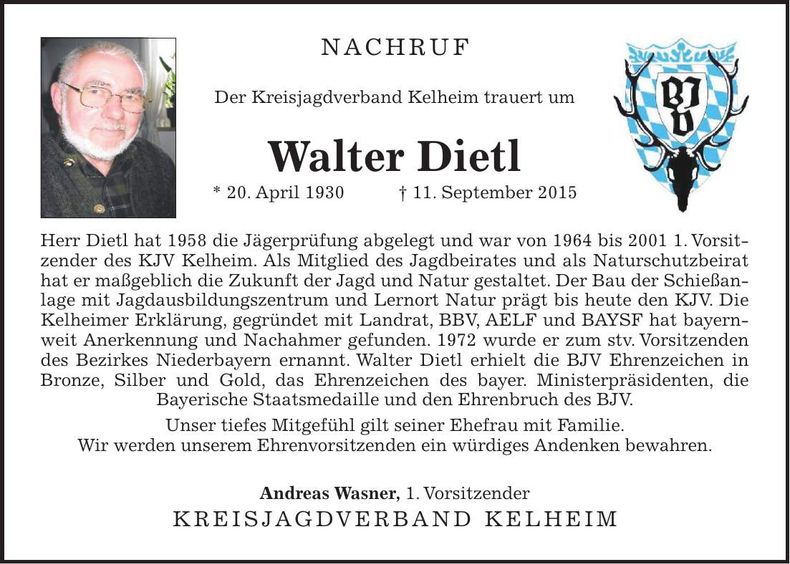 Traueranzeige Walter Dietl