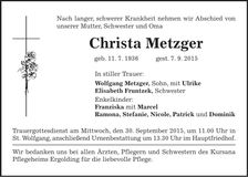 Traueranzeige Christa Metzger