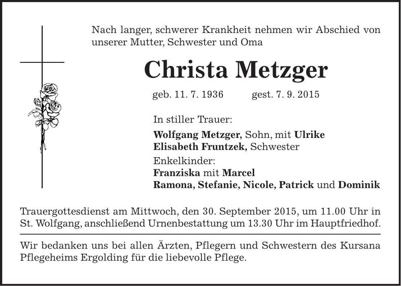 Traueranzeige Christa Metzger